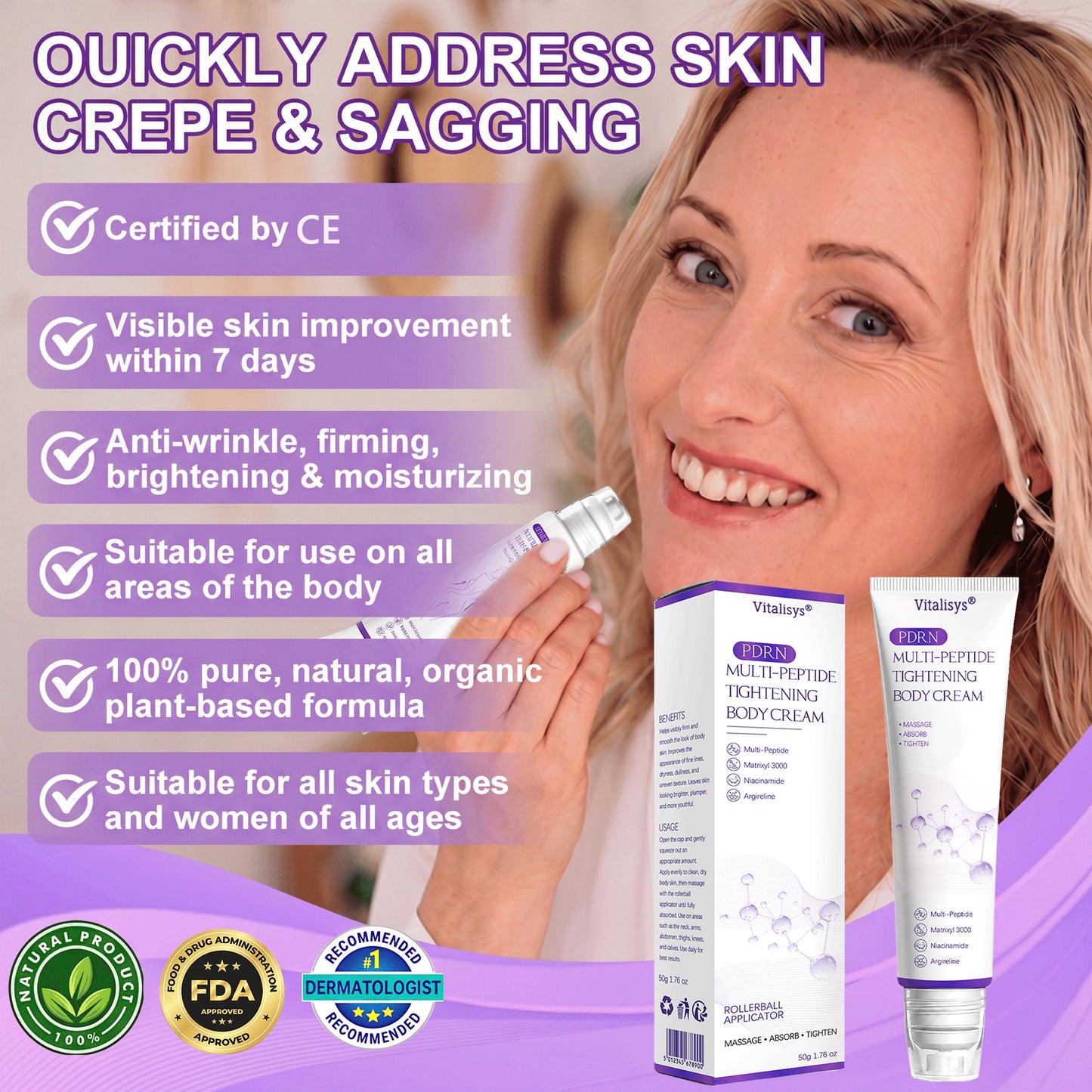 Vitalisys®❤️PDRN Multi-Peptide Massaging Body Roller Cream- Anti-aging, Hydrating, Skin Firming & Lifting, Skin Repair, Even Tone, Acne and Dark Spot Treatment, Wart and Mole Removal, and Psoriasis Relief