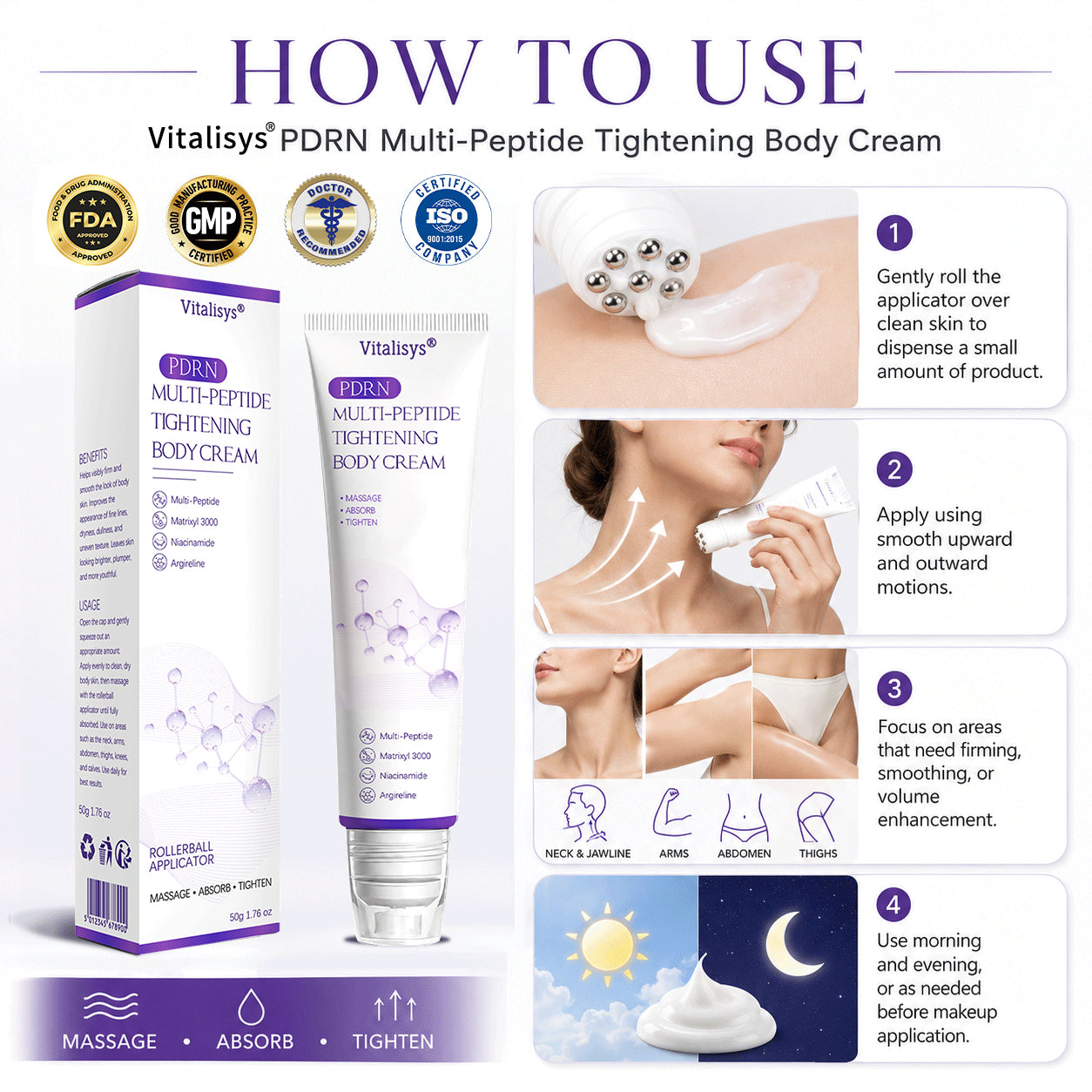 Vitalisys®❤️PDRN Multi-Peptide Massaging Body Roller Cream- Anti-aging, Hydrating, Skin Firming & Lifting, Skin Repair, Even Tone, Acne and Dark Spot Treatment, Wart and Mole Removal, and Psoriasis Relief
