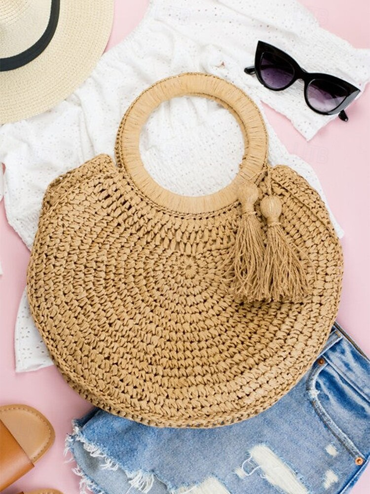 Women's Large Capacity Handmade Woven Straw Round Tote Bag - Bohemian Beach Tote with Tassels, Summer Vacation Rattan Wallet for Travel, Shopping and Vacation Brown Beige