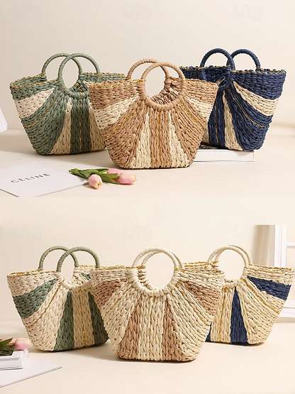 Women’s Stylish Woven Straw Beach Bag with Circular Handles, Large Capacity, Eco-friendly Boho Design, Perfect for Summer, Vacations and Day Trips